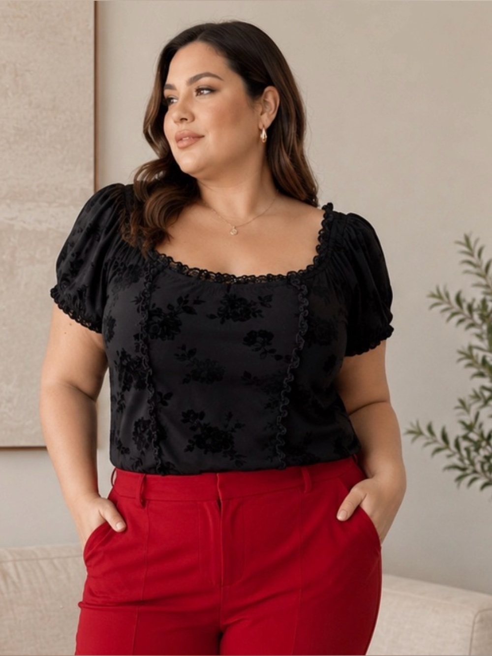 Coco & Shay Women’s Black Floral Velvet Puff Sleeve Smocked Blouse Plus Size 2X